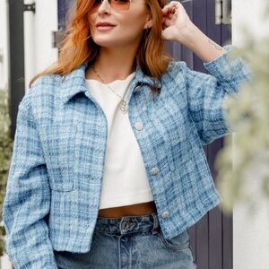 Lightweight spring Blue Tweed Cropped Jacket